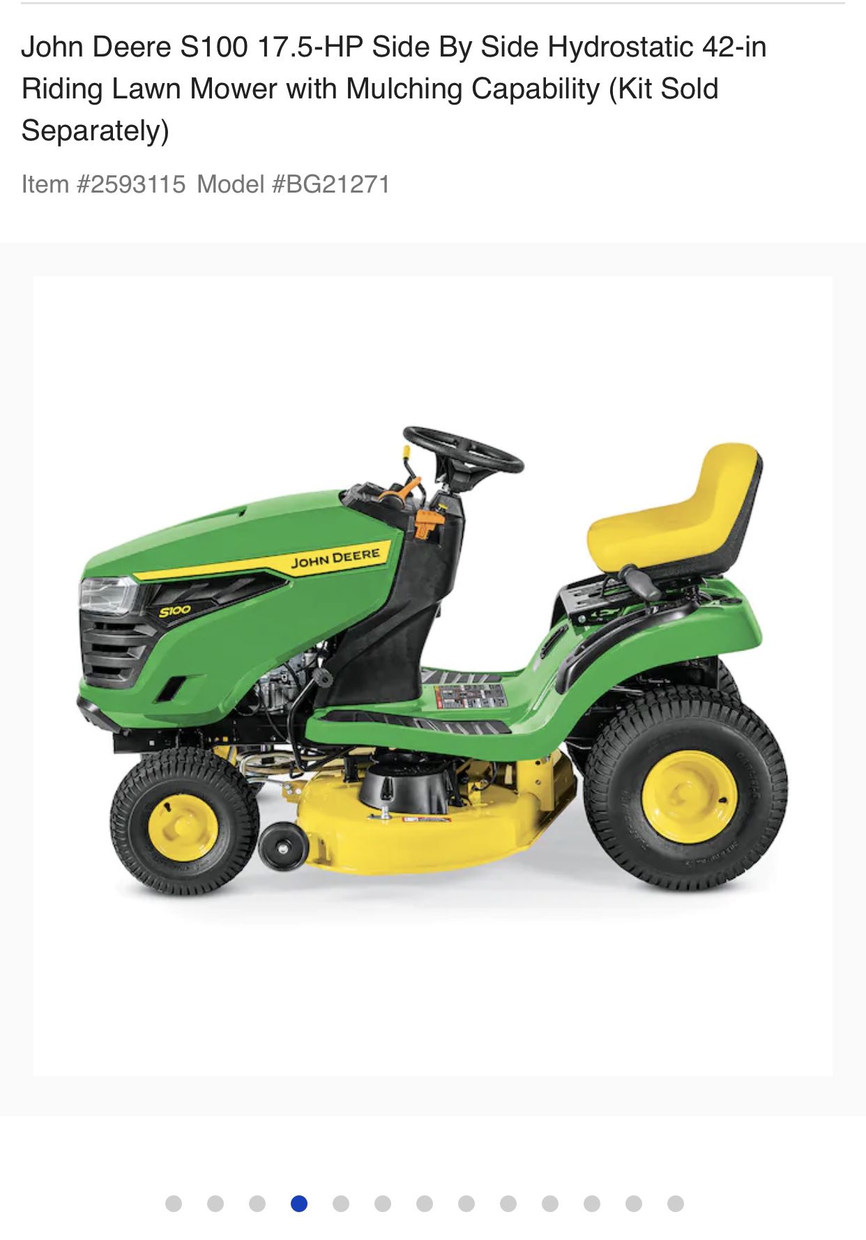 BRAND NEW John Deere S100 17.5-HP Side By Side Hydrostatic 42-in Riding Lawn Mower with Mulching Capability