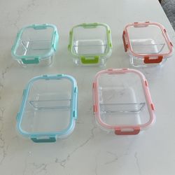 5 piece Glass 2 compartment food storage containers with locking lids.