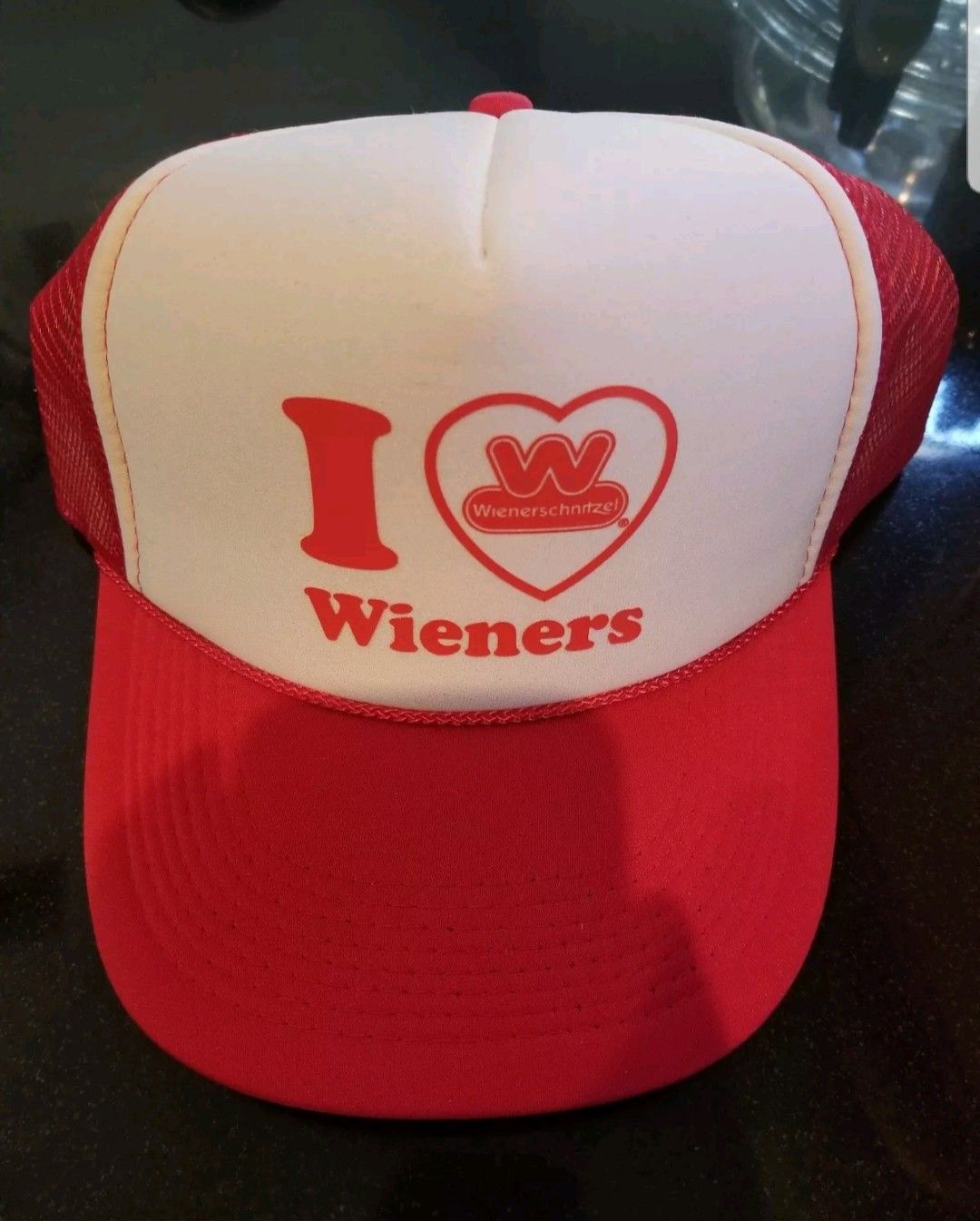 *VINTAGE* WIENERSCHNITZEL I LOVE HEART WIENERS RED & WHITE SNAPBACK TRUCKER HAT
