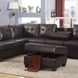 LEATHER SECTIONAL WITH STORAGE OTTOMAN IN ESPRESSO