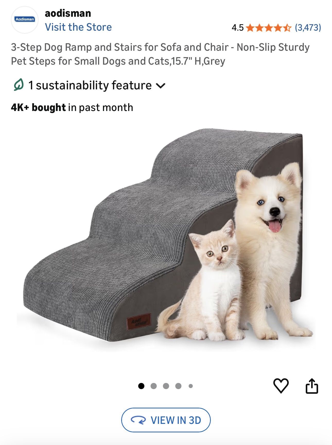 3-Step Dog Ramp and Stairs for Sofa and Chair - Non-Slip Sturdy Pet Steps for Small Dogs and Cats,15.7" H,Grey 