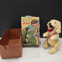 Vintage Japan T.N. Mechanical Begging Dog with Box - windup