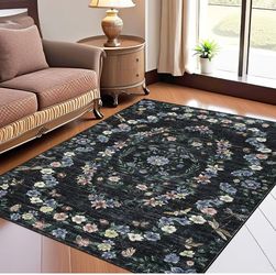 8'x10' Modern Floral Print Area Rug Boho Rugs, Non- Slip Washable Rug Stain Resistant Low Pile Indoor Carpet Black