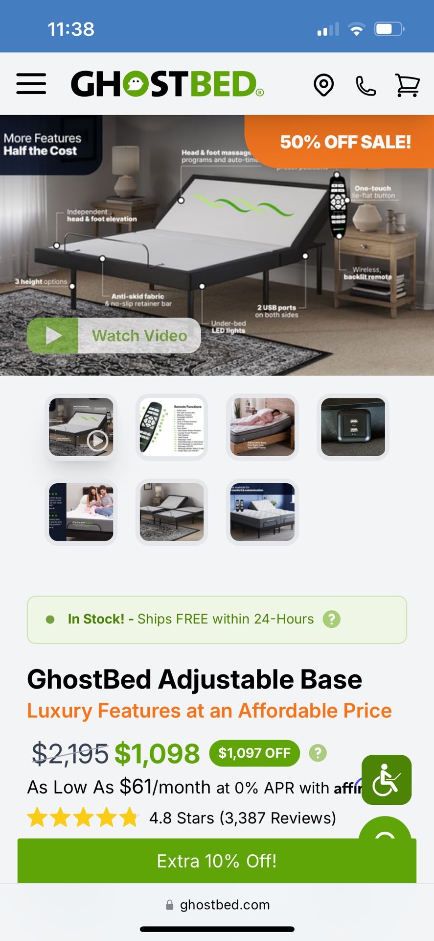 Ghostbed Queen Adjustable Base with Massager, LED lights, USB ports (Bed Frame / Box Spring) Furniture