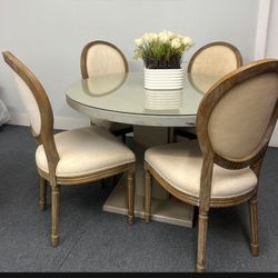 Re Painted Real Wood Beautiful Huge Dining Table Glass Top, 48/30” Table 140$, Chairs 140$