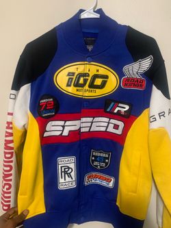 vintage Copper Rivet Men's Blue Multicolor motosport jacket