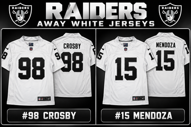 Raiders Away White Jerseys – Mendoza & Crosby – Sizes S-3X