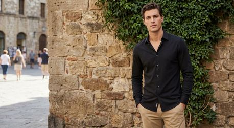 Men's black long-sleeve button-down dress shirt from Express