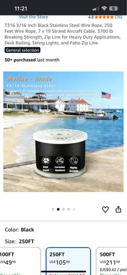 T316 black 3/16 stainless still cable 250ft