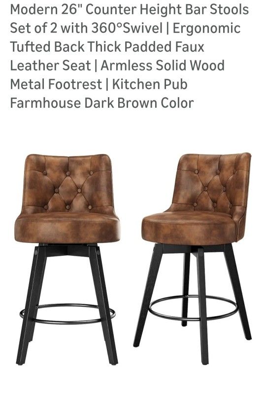 Modern 26" Counter Height Bar Stools Set Of 2 With 360° Swivel Ergonomic Tufted Back Thick Padded Faux Leather Seat