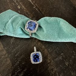 10K White Gold Blue Sapphire Halo Ring & Pendant Matching Set