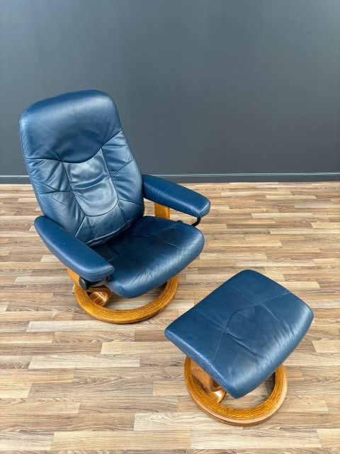 Ekornes Stressless Blue Leather Reclining Swivel Lounge Chair with Ottoman
