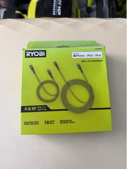 Ryobi 10ft & 4ft Braided Nylon Cable USB-C to Lightning