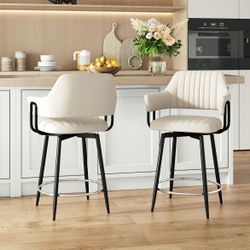 Modern Cream Faux Leather Swivel Counter-Height Bar Stools