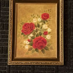 19.5 X16 Vintage Moody Oil Painting Of Roses Gold Frame