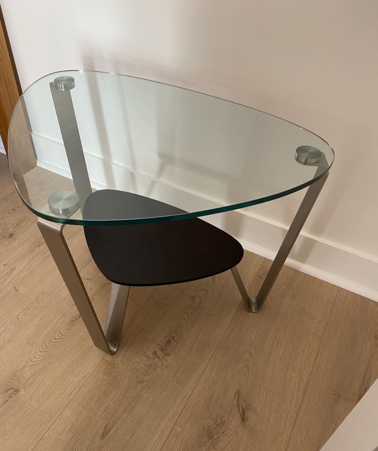 High End Designer End Table Tempered Glass Top, Stainless Steel Base And Ebony Wood Shelf
