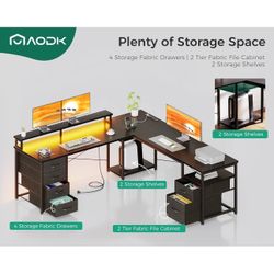 AODK 66" L Shaped Computer Desk, 113“ Reversible Home Office Desk with File Cabinet & 4 Fabric Drawers, Two Person Desk with LED Lights & Power Outlet