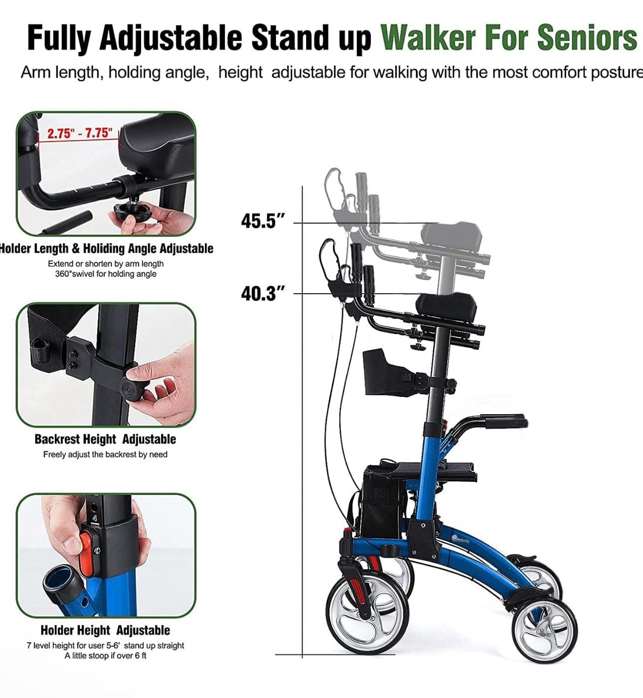 ELENKER Upright Walker, Stand Up Folding Rollator Walker with 10” Front Wheels Backrest Seat and Padded Armrests(Champagne)