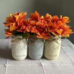 Chalk Painted & Distressed Mason Jar Vases w/faux Flowers Included 3 for $18