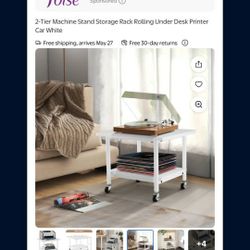 2-Tier Machine Stand Storage Rack Rolling Under Desk Printer Car White