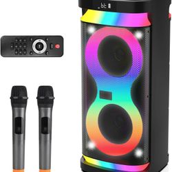DFTRT Karaoke Machine w/ 2 Wireless Mics, Bluetooth Party Speaker & Disco Lights