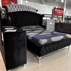 Black Or Gray Velvet Upholstered Master Bedroom Furniture Set ⭐$39 Down Payment with Financing ⭐ 90 Days same as cash