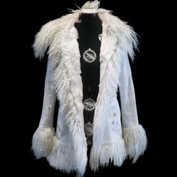 PK Pap Kik Reversible White Leather Rabbit Fur Coat Floral Embroidered France Size 2