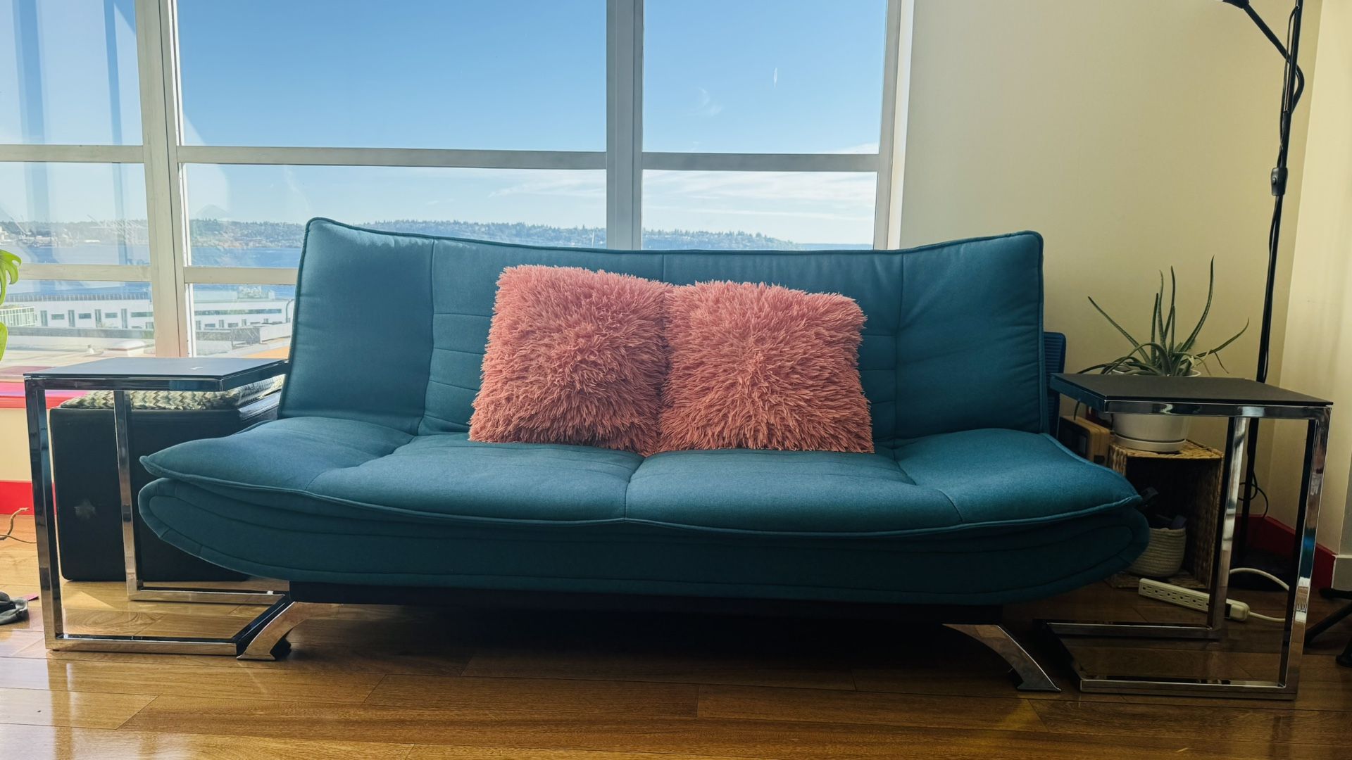 Contemporary Deep Blue Couch With Side Tables