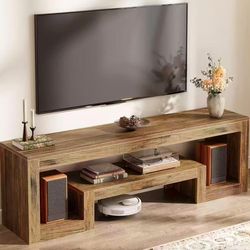 RY0262 63-Inch TV Stand for 75-Inch TVs, Farmhouse Entertainment Center with Open Storage Shelves, Rustic Brown Television Console for Living Room, Be