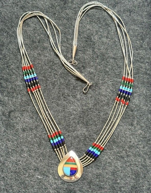 Vintage Zuni Native American Liquid Silver Necklace 925 Turquoise Stone Pendant