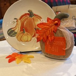 Autumn Stoneware Plate and Stuffed Pumpkin