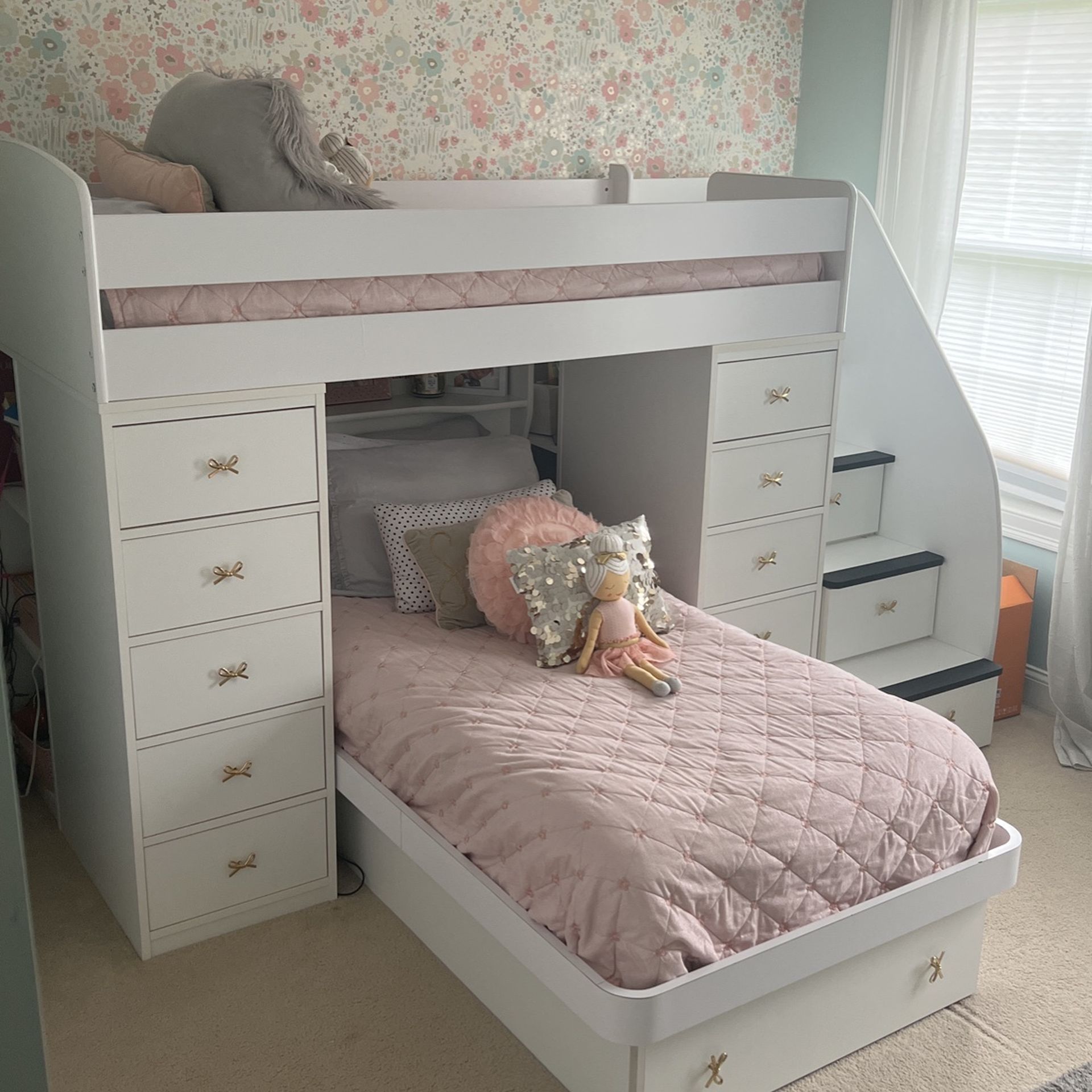 BERG White Perpendicular Girls Dual Twin Bunk Bed With Maximum Storage And Comfort
