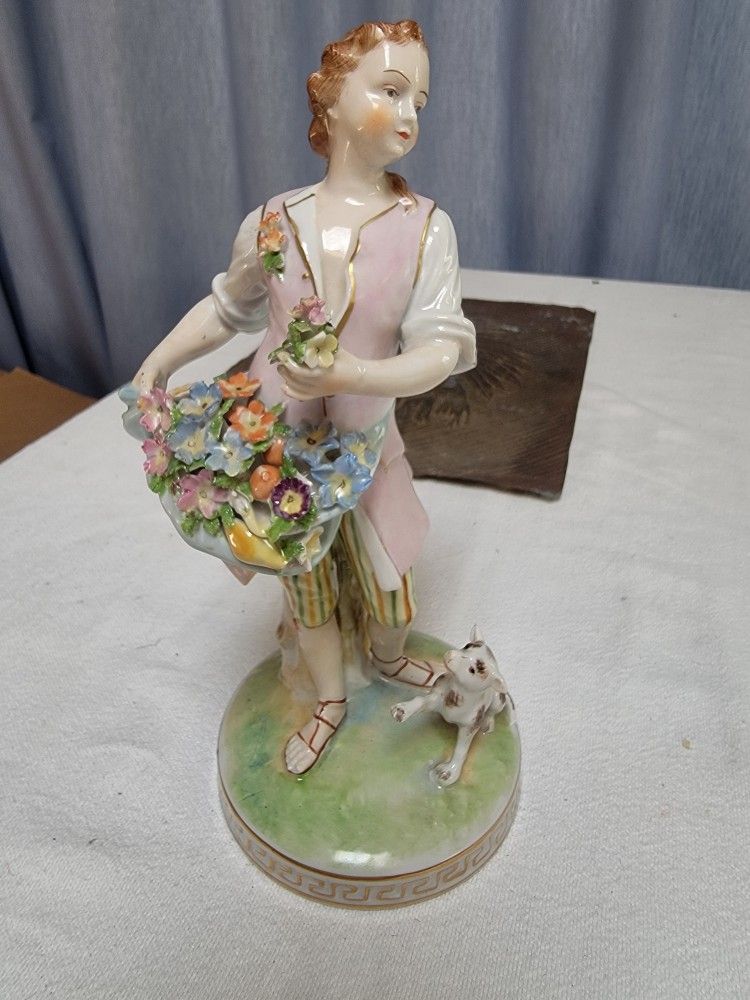Carl Thieme Dresden Porcelain Figurine "Gardener's Daughter Flowers & Dog"