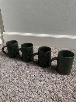 Vintage Handmade Green Ceramic Mugs - Set of 4