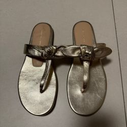 Stuart Weitzman Leather Flat Bandeau T-Strap Slide sandals gold 9.5