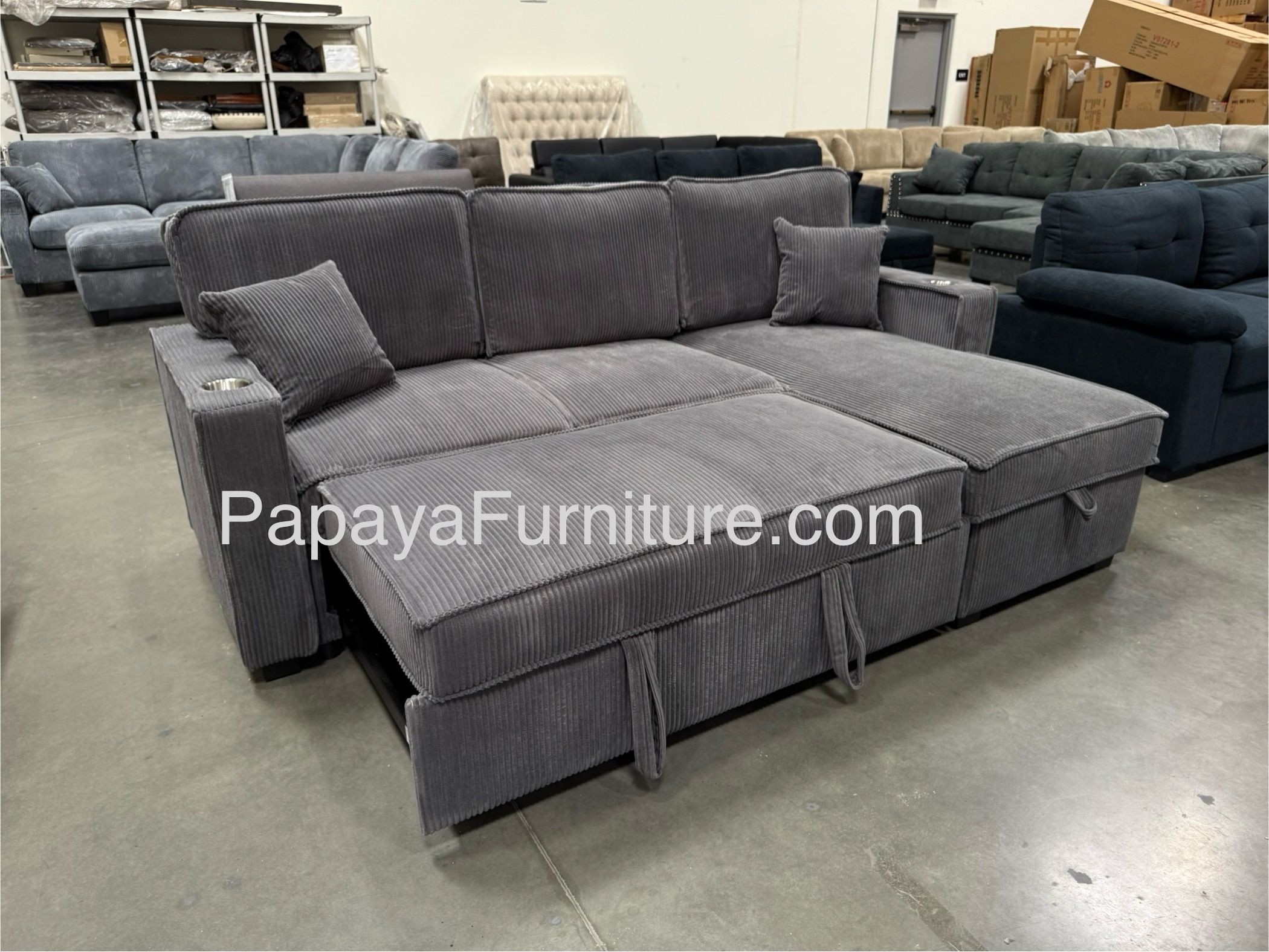 New! 89”L Reversible Grey corduroy Sectional Sofa Bed, Sectional Sofa Bed, Grey Sofa, Sleeper Sofa, Grey Couch, Reversible Sectional, Sectional Sofa W