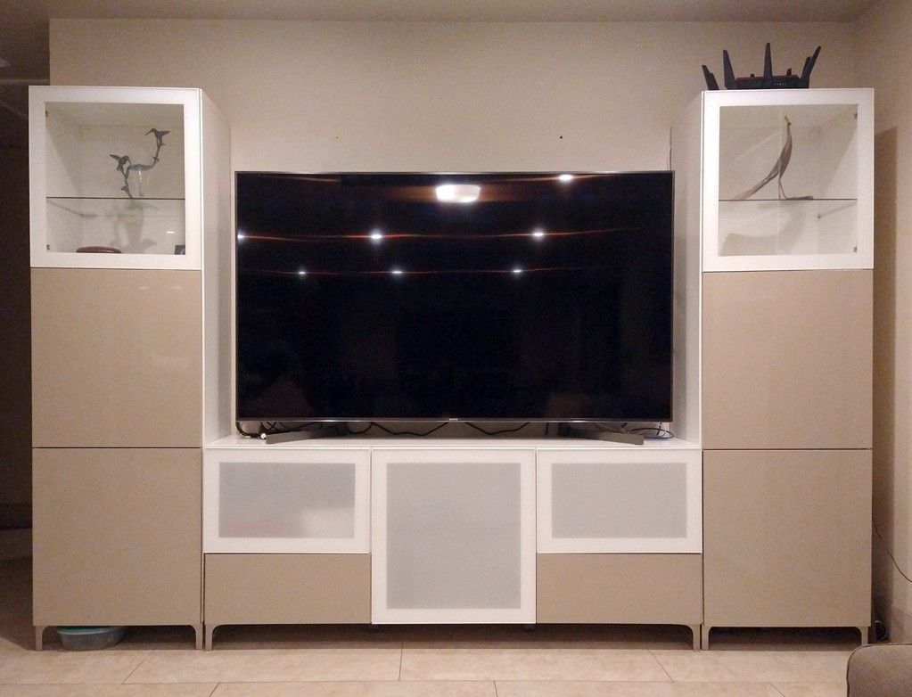 Ikea Besta Custom TV Storage System 118" High Gloss Beige, White / Frosted Glass