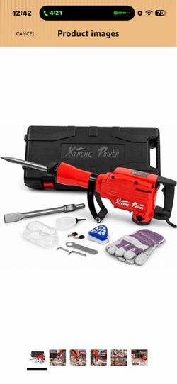 XtremepowerUS 2200W Electric Demolition Jack Hammer, Heavy Duty Concrete Breaker 1-1/8" Hex Flat & Point Chisel Bits, Impact Energy, 360° Adjustable H