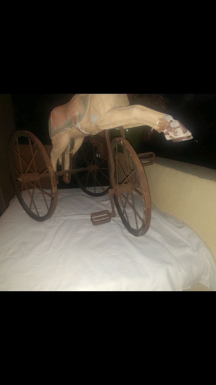 Antique hand carved wood horse tricycle
