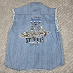 Vintage Twin Motorcycle Apparel STURGIS 2009 Denim Graphic Print Mens XL Vest