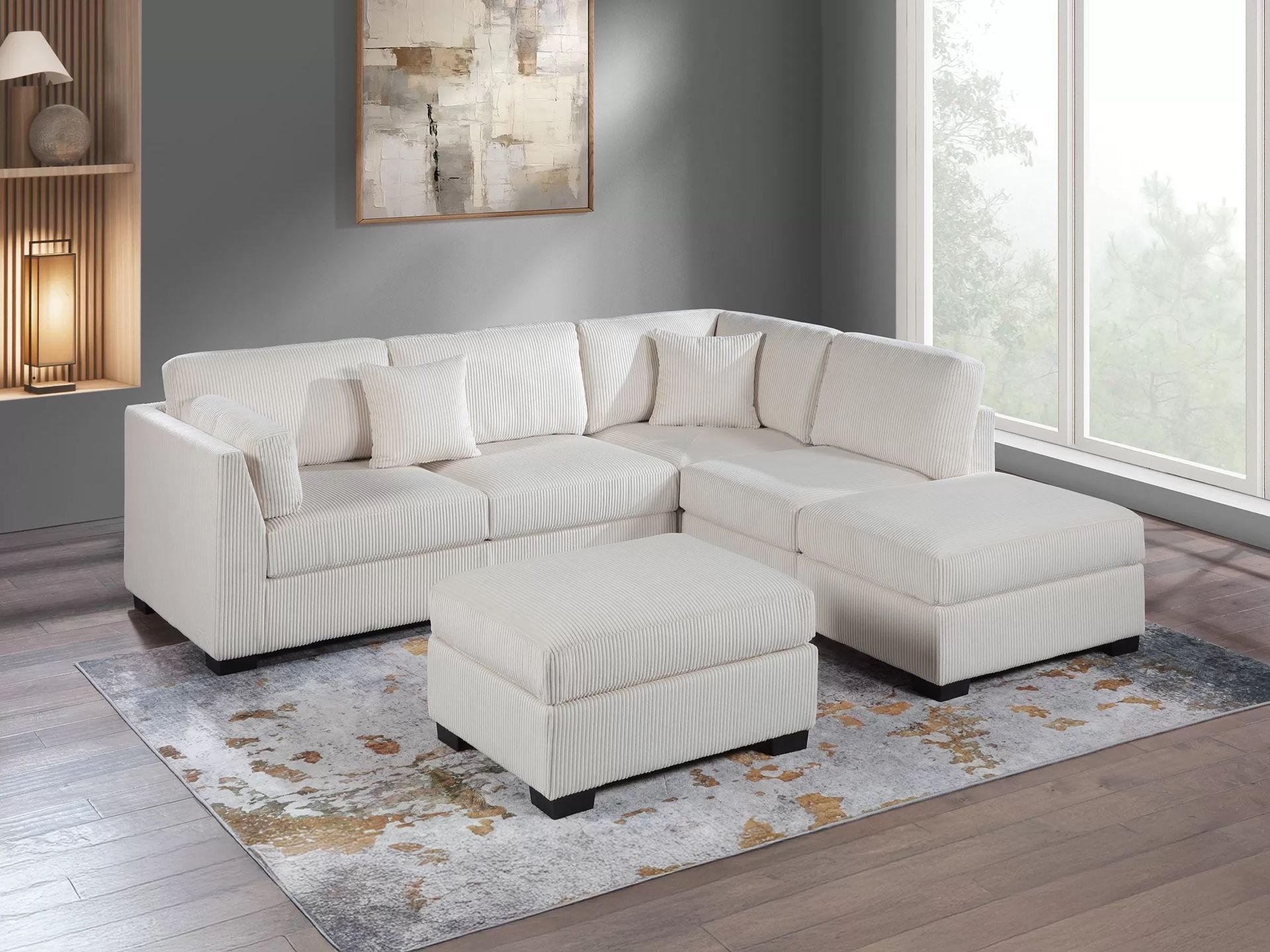 BEIGE CORDUROY SECTIONAL SOFA WITH OTTOMAN