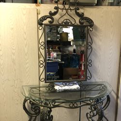 Iron And Glass Entry Table And Mirror