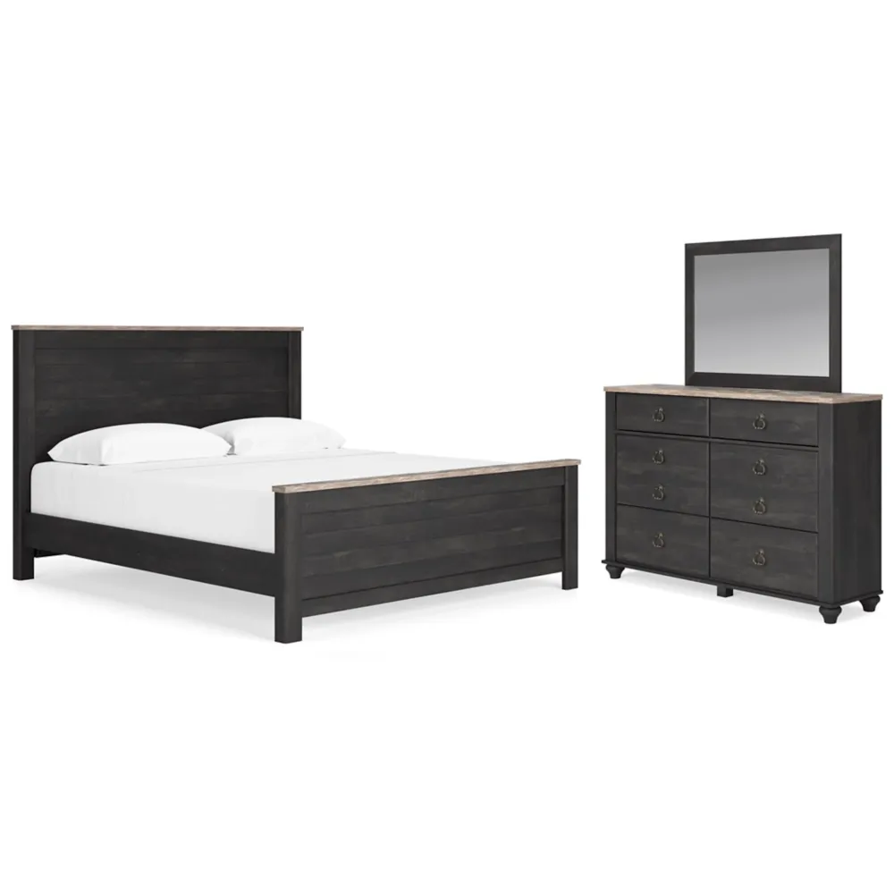 Nanforth King Panel Bed with Mirrored Dresser Massive Markdown Madness