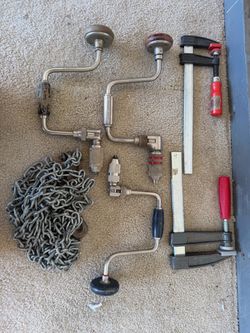 Mixed Hand Tool Lot – Braces, Clamps & Chain