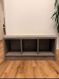 entryway bench, storage bench, cushion, and cubbies