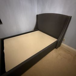 Modern Queen Upholstered Wingback Bed Frame Charcoal Fabric Nailhead Trim Foundation