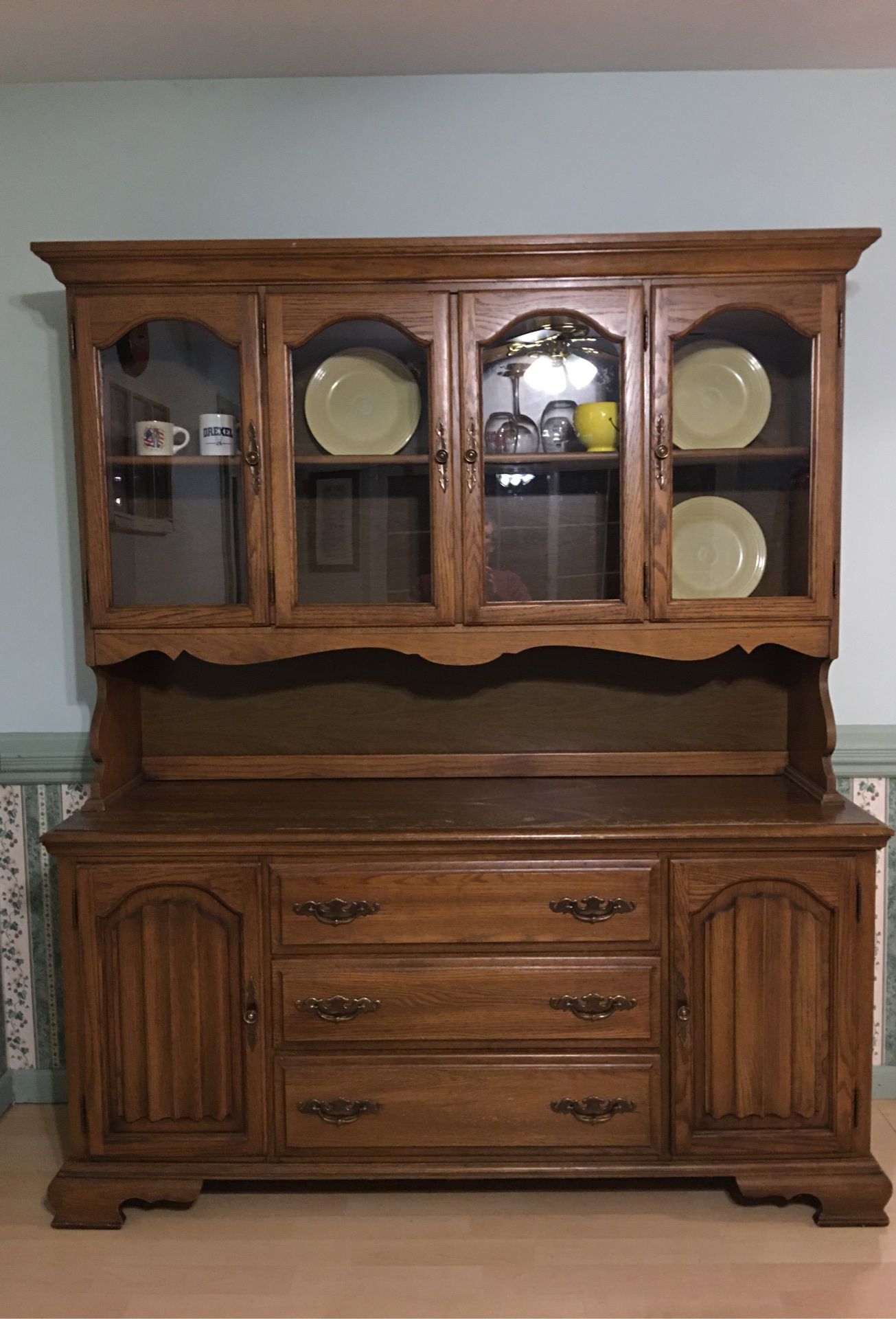 Wooden hutch with groves for plates and silverware rack