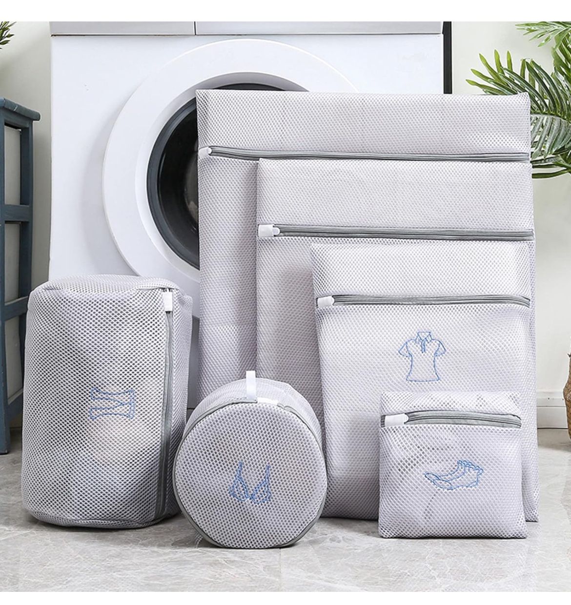 6 Pack Mesh Laundry Bags for Delicates with Non Rust Zipper, Embroidery White Laundry Bags Mesh Wash Bags, Easy Fit Bra, Sock,Lingerie,Sneaker