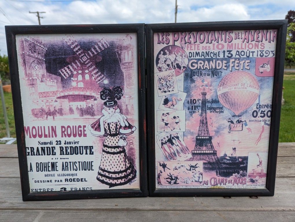 Parisian Event Advertisement Prints - Moulin Rouge & Balloon Festival - Framed 12"x16"