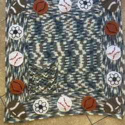 Handmade Sports-Themed Crochet Baby Blanket – 32” × 32”
